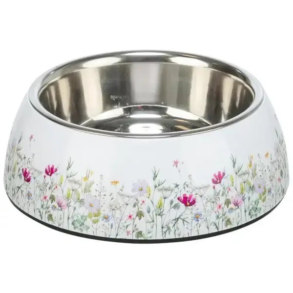 Mad og vandskål i rustfrit stål med blomster, small